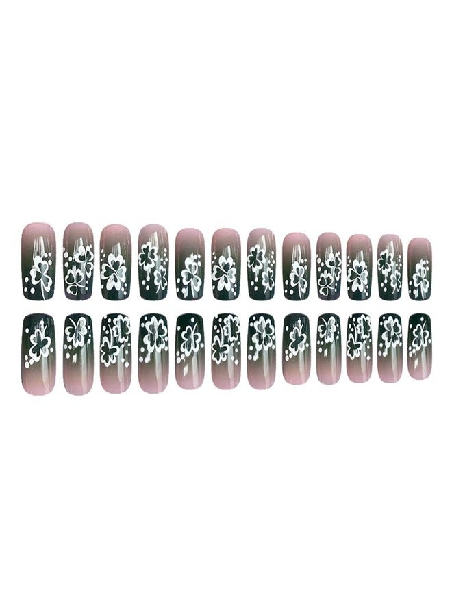 OSTTMA 24Pcs St. Patrick's Day Press on Nails White Shamrock Fake Nails French Tip False Nail with Clover Design Gradient Green Glue on Nails Medium Length Stick on Nail for Women DIY Irish Holiday Manicure - Image 4